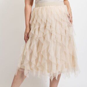 L11 Beige Mesh Swiss Dot Ruffle Midi Skirt